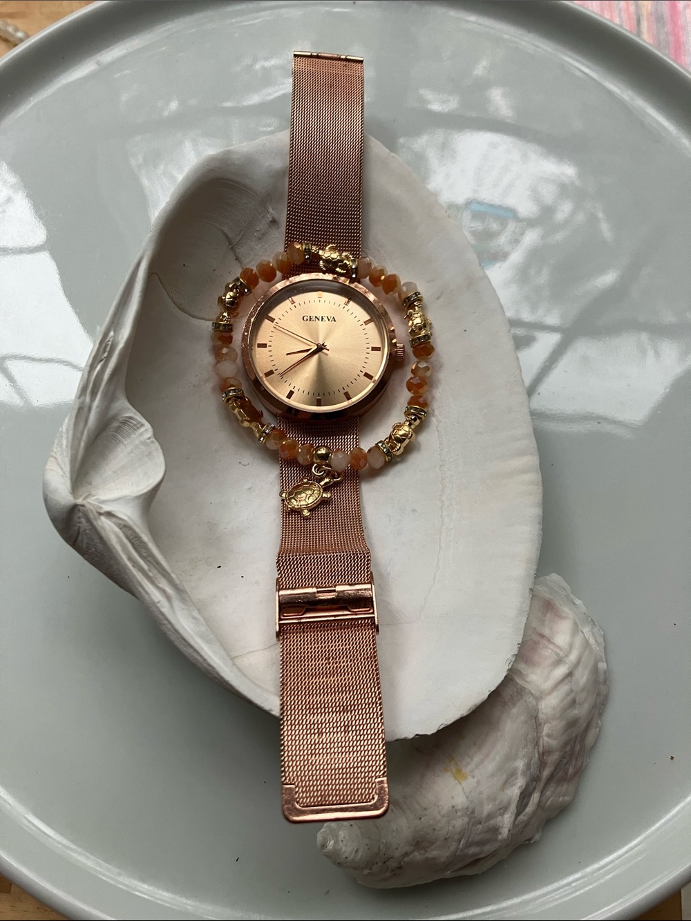 Geneva Rose Gold Stainless Steel Watch & Turtle Crystal Beaded Stretch Bracelet